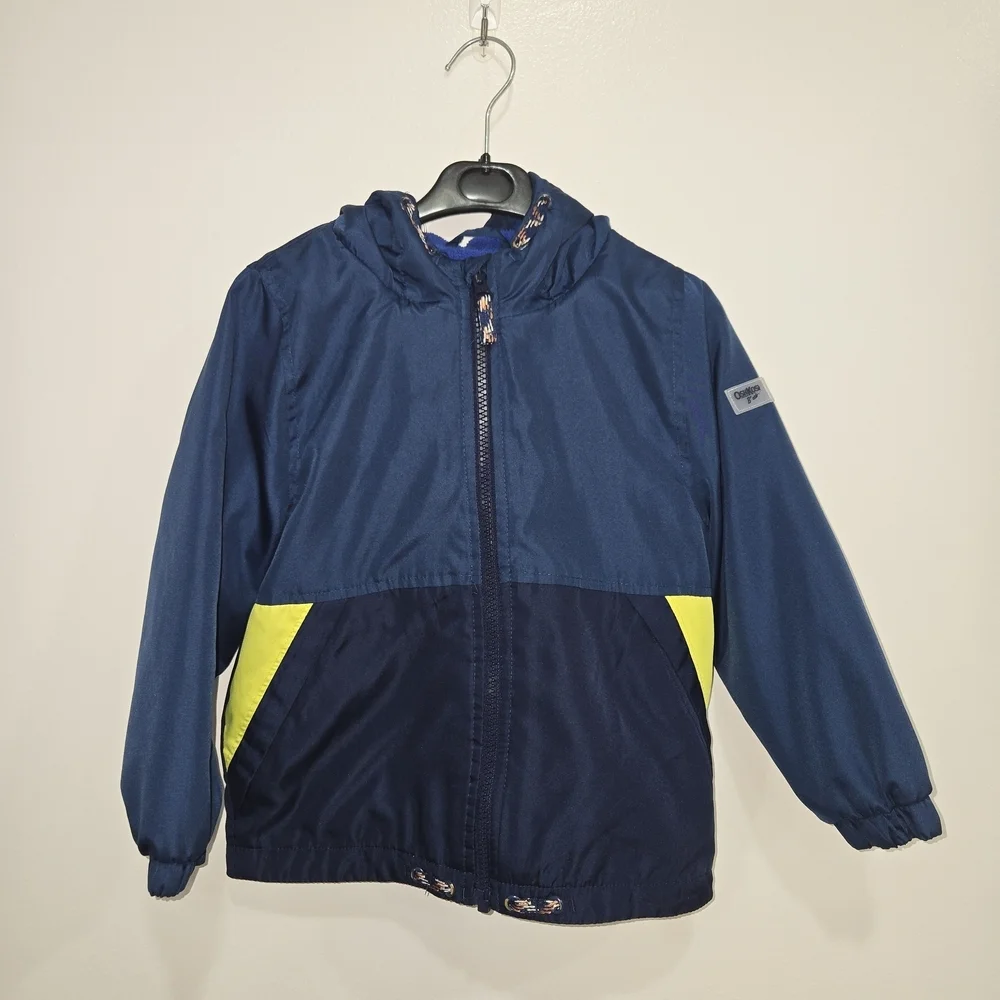 OshKosh B'gosh Navy Hooded Rain Jacket with Yellow Pocket Accents Size 4T